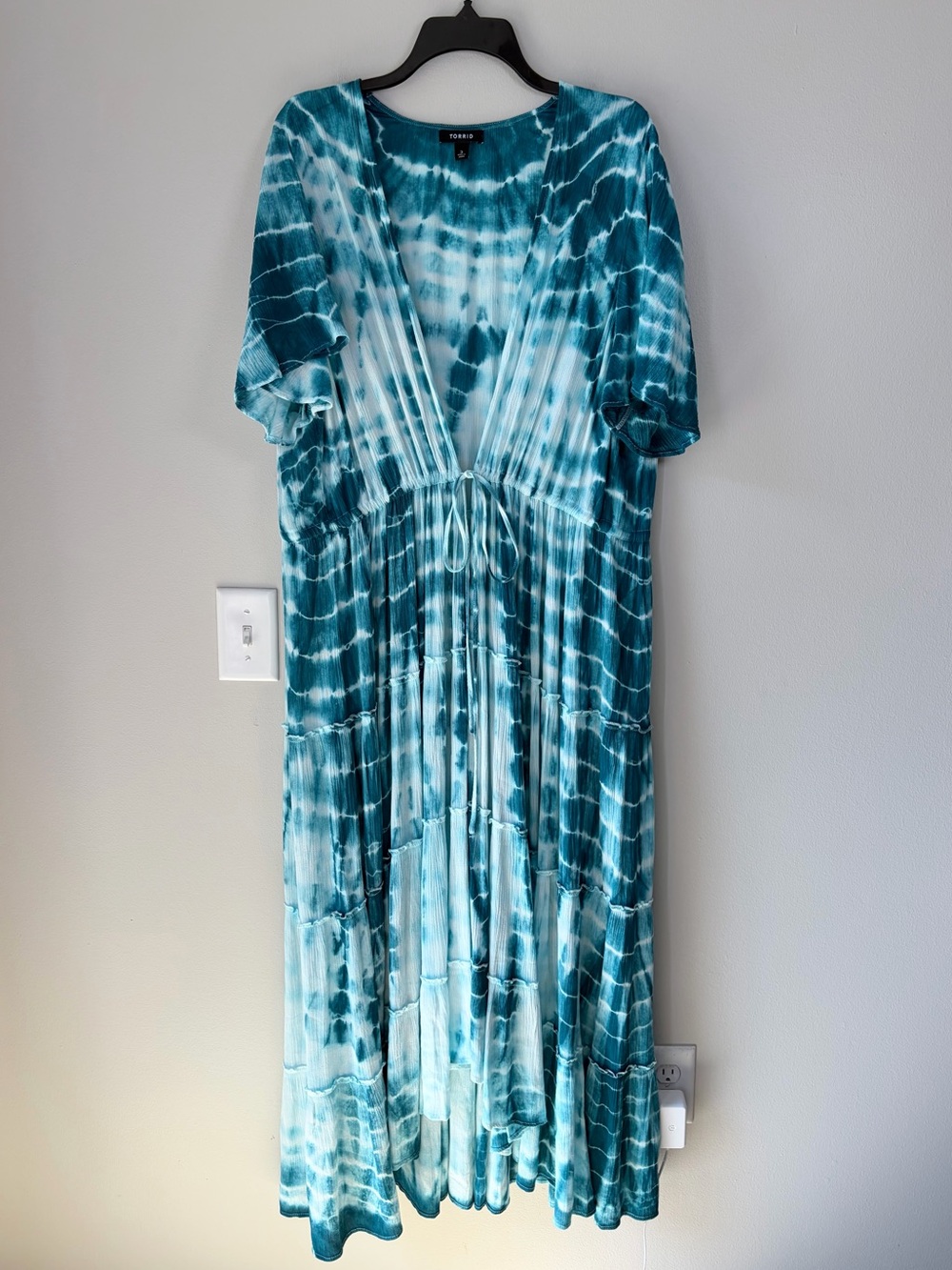 Torrid Blue Tie Dye Tie Front Short Sleeve Tiered Maxi Duster Kimono Cover Up